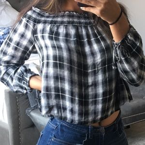 Plaid off the shoulder top